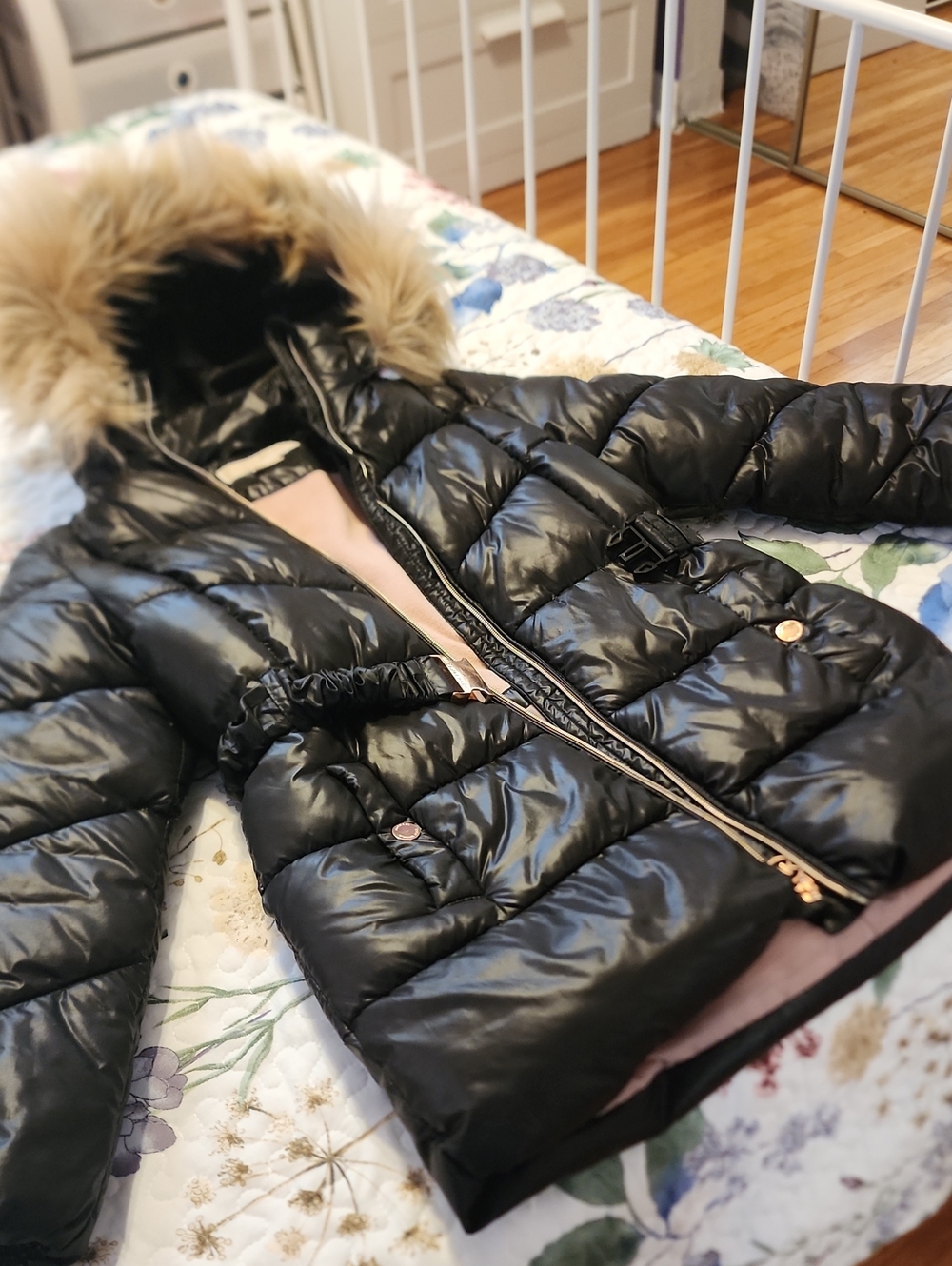 Black Puffer Coat with Faux Fur Trim - Kid's Winter Jacket